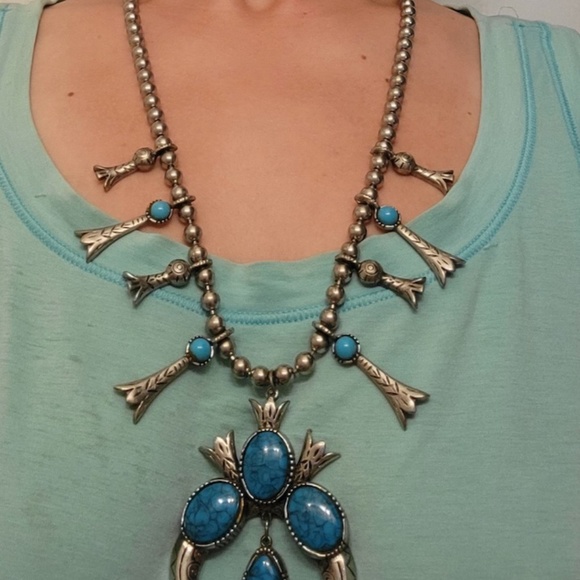 Vintage Faux Turquoise Squash Blossom Necklace & Earring Set - Picture 2 of 10